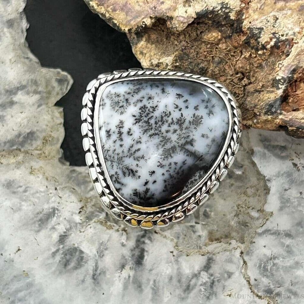 Sterling Southwestern Style Wide Teardrop Dendrite Agate Ring Size 6.5 For Women
